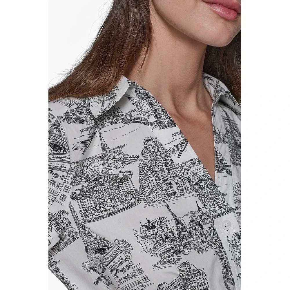 Karl Lagerfeld Paris Shirt Dress Womens M Landmark Toile Print Belted pop art - Picture 12 of 12